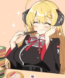 Rule 34 | 1girl, akari (blue archive), blonde hair, blue archive, blush, breasts, brown hair, chopsticks, closed eyes, eating, food, hand on own face, horns, large breasts, long hair, plate, shiduki eku, simple background, solo, sparkle, sushi, uniform
