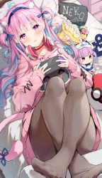 Rule 34 | 1girl, absurdres, ahoge, anchor symbol, animal ears, black pantyhose, blue hair, blue hairband, blue nails, blue ribbon, blush, cat ears, cat girl, cat tail, character doll, chips (food), choker, colored inner hair, commentary, darjeeling (reley), extra ears, food, hair ribbon, hairband, handheld game console, headphones, headphones around neck, highres, holding, holding handheld game console, hololive, hood, hood down, hoodie, legs up, long hair, long sleeves, looking at viewer, lying, minato aqua, mouth hold, multicolored hair, nail polish, neko (minato aqua), no shoes, on back, on bed, pantyhose, parted lips, pillow, pink hair, pink hoodie, poke ball, potato chips, purple eyes, red choker, ribbon, solo, tail, virtual youtuber