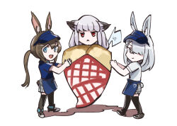 Rule 34 | 3girls, :d, amiya (arknights), animal ear fluff, animal ears, apron, arknights, black footwear, black thighhighs, blue apron, blue eyes, blue headwear, blue shirt, brown hair, closed mouth, colored shadow, e-bushi, food, frostleaf (arknights), frostnova (arknights), grey eyes, grey hair, hair between eyes, hair over one eye, highres, in food, light frown, long hair, multiple girls, open mouth, plaid, plaid skirt, ponytail, rabbit ears, red eyes, shadow, shirt, shoes, short sleeves, skirt, smile, standing, thighhighs, very long hair, visor cap, waist apron, white background, white shirt