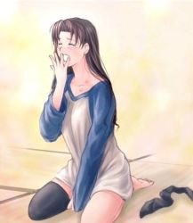 Rule 34 | 00s, 1girl, black thighhighs, fate/stay night, fate (series), simple background, solo, thighhighs, tohsaka rin, v-neck