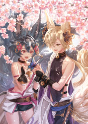 Rule 34 | 1boy, 1girl, :d, ahoge, animal ears, artist name, bare shoulders, belt, black flower, black hair, black leotard, black pants, black shorts, blonde hair, blush, breasts, bridal gauntlets, brown choker, bug, butterfly, butterfly on hand, cherry blossoms, choker, collarbone, couple, covered navel, cowboy shot, day, erune, flower, fox boy, fox ears, fox girl, fox tail, granblue fantasy, hair between eyes, hair flower, hair ornament, hair over one eye, insect, japanese clothes, kimono, kou (granblue fantasy), leotard, leotard under clothes, lock, nail polish, off shoulder, open clothes, open kimono, open mouth, outdoors, padlock, pants, red eyes, short hair, short shorts, shorts, signature, single bare shoulder, small breasts, smile, tail, teeth, upper teeth only, villyane, white kimono, wrist cuffs, yellow eyes, you (granblue fantasy)