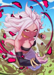 Rule 34 | android 21, bare shoulders, black nails, bracelet, breasts, colored skin, dragon ball, dragon ball fighterz, dragonball z, highres, incoming attack, incoming punch, jewelry, long hair, looking at viewer, majin android 21, medium breasts, muscular, muscular female, nail polish, pink skin, pointy ears, punching, red eyes, rock, serious, spiked hair, tail, white hair, zequung, zquung