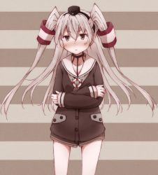Rule 34 | 10s, 1girl, amatsukaze (kancolle), blush, brown eyes, choker, crossed arms, dress, grey neckerchief, hair tubes, headgear, itituki, kantai collection, long hair, neckerchief, no legwear, sailor collar, sailor dress, silver hair, solo, striped, striped background, two side up
