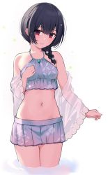 Rule 34 | 1girl, bare shoulders, bikini, black hair, braid, closed mouth, commentary request, frilled bikini, frills, gin00, hair between eyes, hair over shoulder, idolmaster, idolmaster shiny colors, long hair, looking at viewer, morino rinze, navel, off shoulder, paid reward available, pleated skirt, purple bikini, purple skirt, red eyes, see-through, simple background, skirt, smile, solo, standing, swimsuit, wading, water, white background