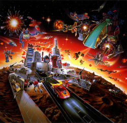 Rule 34 | 1980s (style), aircraft, asteroid, autobot, battle, beam rifle, blast off (transformers), blurr (transformers), box art, broadside (transformers), car, character request, contrail, crater, decepticon, emblem, energy gun, explosion, firing, fortress maximus, helicopter, highres, hot rod (transformers), jeffrey mangiat, kup (transformers), lights, machinery, mecha, missile, motor vehicle, octane (transformers), official art, official style, oldschool, painting (action), planet, promotional art, ray gun, realistic, retro artstyle, robot, scan, science fiction, shockwave (transformers), sky, sports car, springer (transformers), star (sky), starry sky, sword, traditional media, transformers, trypticon, uh-1 iroquois, ultra magnus, weapon