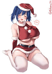 Rule 34 | 1girl, alternate costume, blue hair, blush, breasts, christmas, closed eyes, crop top, ebifurya, elbow gloves, fur-trimmed headwear, fur trim, gloves, hair ribbon, hand on own chest, hat, highres, kantai collection, large breasts, merry christmas, open mouth, panties, red gloves, red shirt, red skirt, ribbon, santa costume, santa hat, shirt, sitting, skirt, smile, solo, souryuu (kancolle), sweatdrop, thighhighs, twintails, twitter username, underboob, underwear, wariza, white panties, white thighhighs