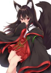 Rule 34 | 1girl, absurdres, animal ear fluff, animal ears, black hair, blush, bow, feet out of frame, floating hair, fox ears, fox girl, fox tail, hair between eyes, hakama, hakama short skirt, hakama skirt, hand to own mouth, hand up, highres, japanese clothes, kimono, long hair, long sleeves, looking at viewer, open clothes, original, red bow, red eyes, red hakama, sakuma hiragi, simple background, skirt, sleeves past fingers, sleeves past wrists, solo, tail, very long hair, white background, white kimono, wide sleeves
