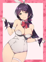 Rule 34 | 1girl, alternate costume, animal ears, bad id, bad twitter id, bare shoulders, bow, bowtie, breasts, cleavage, closed mouth, duke (inu daimyou), earrings, fake animal ears, fingerless gloves, gloves, green eyes, hair ornament, hair scrunchie, jewelry, large breasts, leotard, long hair, looking at viewer, love live!, love live! school idol project, pink background, pink scrunchie, playboy bunny, purple hair, rabbit ears, red bow, red bowtie, scrunchie, smile, solo, thigh strap, thighs, tojo nozomi, white gloves, white leotard