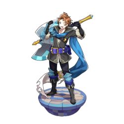 Rule 34 | 1boy, armor, axe, belt, blue eyes, boots, brown hair, dragalia lost, full body, gauntlets, gloves, jacket, male focus, official art, one eye closed, open mouth, pietro (dragalia lost), saitou naoki, scarf, short hair, shoulder armor, smile, transparent background