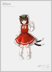 Rule 34 | 1girl, absurdres, animal ears, blouse, blush, border, bow, bowtie, breasts, brown hair, cat ears, cat tail, character name, chen, closed mouth, commentary request, dress, earrings, eyelashes, fingernails, frilled dress, frills, full body, green hat, grey border, happy, hat, head tilt, highres, hoshiringo0902, jewelry, lips, long fingernails, long sleeves, looking at viewer, mandarin collar, mob cap, multiple tails, nail polish, orange eyes, perfect cherry blossom, red dress, red nails, shirt, short hair, simple background, single earring, small breasts, smile, socks, standing, tail, touhou, white border, white bow, white bowtie, white shirt, white sleeves, white socks