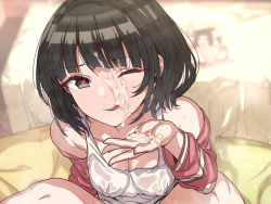 Rule 34 | 1girl, artist request, bare shoulders, bed, bed sheet, bedroom, black hair, blurry, blush, breasts, cleavage, collarbone, cum, cum on body, cum on hair, cum on upper body, cumdrip, depth of field, dot nose, eyebrows, eyelashes, facial, hand up, heart, heart-shaped pupils, jacket, knees up, legs, legs apart, legs up, looking at viewer, looking up, magazine (object), medium breasts, nipples, one eye closed, open mouth, original, raised eyebrow, see-through, short hair, sleeveless, smile, source request, sweat, sweatdrop, symbol-shaped pupils, tank top, thighs, tongue, tongue out, wet
