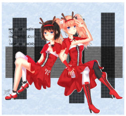 Rule 34 | 2girls, alternate costume, antlers, arm around shoulder, asymmetrical legwear, bear hair ornament, black hair, black legwear, blonde hair, blue eyes, blush, bow, breasts, calf boots, calf socks, christmas, danganronpa: trigger happy havoc, danganronpa (series), dress, english text, enoshima junko, fake nails, fingernails, freckles, hair ornament, happy birthday, highres, holding another&#039;s arm, horns, ikusaba mukuro, incest, large breasts, legs up, locked arms, matching outfits, medium breasts, mismatched legwear, multiple girls, nail polish, neck ribbon, red dress, red nails, red shawl, reindeer antlers, ribbon, shawl, shoes, siblings, simple background, sisters, sitting, smile, tongue, tongue out, twincest, twins, twintails, v, white bow, white legwear, yuri