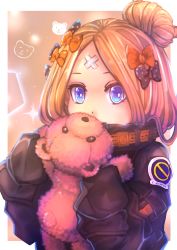 Rule 34 | 1girl, abigail williams (fate), abigail williams (traveling outfit) (fate), black bow, black jacket, blonde hair, blue eyes, bow, commentary request, crossed bandaids, fate/grand order, fate (series), hair bow, hair bun, hands up, heroic spirit traveling outfit, highres, holding, holding stuffed toy, jacket, long hair, long sleeves, looking at viewer, namekuji (slug), official alternate costume, orange bow, parted bangs, polka dot, polka dot bow, single hair bun, sleeves past fingers, sleeves past wrists, solo, sparkle, stuffed animal, stuffed toy, teddy bear, upper body