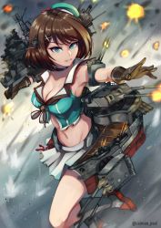 Rule 34 | 1girl, absurdres, beret, black gloves, blue eyes, breasts, brown hair, caiman pool, cannon, explosion, gloves, hair ornament, hat, hat ribbon, headgear, highres, kantai collection, large breasts, maya (kancolle), maya kai ni (kancolle), midriff, mini hat, navel, outdoors, pleated skirt, red ribbon, ribbon, rigging, short hair, skirt, sleeveless, solo, turret, white skirt, x hair ornament