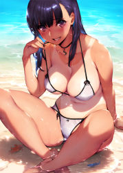 Rule 34 | 1girl, arm support, bad id, bad pixiv id, bare shoulders, barefoot, beach, bikini, blue hair, breasts, choker, cleavage, collarbone, crab, day, fingernails, grin, large breasts, long hair, looking at viewer, navel, one-piece tan, original, outdoors, partially submerged, purple eyes, revision, sasaoka gungu, shiny skin, sitting, smile, solo, strap pull, string bikini, swimsuit, tan, tanline, thighs, water, wet, wet hair, white bikini