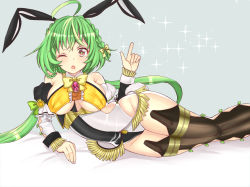 Rule 34 | 1girl, ;o, ahoge, animal ears, asteriscus (flower knight girl), black thighhighs, bow, braid, brooch, crown braid, flower, flower knight girl, full body, gem, green hair, grey background, groin, hair flower, hair ornament, jewelry, leotard, long hair, looking at viewer, lying, on side, one eye closed, open mouth, rabbit ears, red eyes, simple background, solo, sparkle, takamatsu tsukasa, thighhighs, thighs, twintails, white sleeves, yellow bow