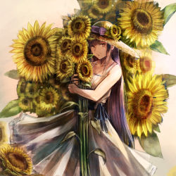 Rule 34 | 1girl, bare arms, blue ribbon, bouquet, bow, collarbone, dress, flower, grey dress, hat, hat bow, holding, holding bouquet, long dress, long hair, looking at viewer, original, purple bow, purple hair, ribbon, sleeveless, sleeveless dress, solo, standing, straight hair, straw hat, sun hat, sundress, sunflower, sushi (sashimise), very long hair, yellow eyes, yellow flower, yellow hat