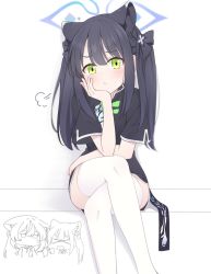 Rule 34 | 3girls, :x, animal ear fluff, animal ears, black dress, black hair, blue archive, blush, chibi, chibi inset, china dress, chinese clothes, dress, green eyes, halo, highres, hoshino ouka, long hair, multiple girls, pout, short sleeves, shun (blue archive), shun (small) (blue archive), simple background, sitting, solo focus, thighhighs, tiger ears, white background, white legwear