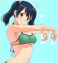 Rule 34 | 10s, 1girl, alternate costume, aqua background, aqua bikini, bare arms, bare shoulders, bikini, blue eyes, blue hair, bow, breasts, cleavage, hair between eyes, hair bow, highres, kantai collection, large breasts, light smile, looking at viewer, masukuza j, midriff, navel, outstretched arms, short twintails, solo, souryuu (kancolle), stomach, swimsuit, twintails, underboob, upper body