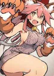 Rule 34 | 1girl, :d, animal ears, animal hands, aran sweater, backless dress, backless outfit, bell, blush, bow, breasts, cable knit, collar, dress, fangs, fate/grand order, fate (series), fox ears, hair between eyes, hair bow, hair flaps, halterneck, hands up, highres, impossible clothes, jingle bell, knee up, large breasts, long hair, meme attire, mephisto (angraecum), naked sweater, neck bell, open mouth, paw pose, pink hair, red bow, ribbed sweater, sideboob, smile, solo, sweater, sweater dress, tamamo (fate), tamamo cat (fate), tamamo no mae (fate/extra), thighs, turtleneck, turtleneck sweater, virgin killer sweater