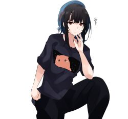 Rule 34 | 1girl, absurdres, alternate costume, beret, black hair, black pants, black shirt, blue hat, endou (zettai bluenoid), feet out of frame, hand on own chin, hat, highres, kantai collection, pants, red eyes, shirt, short hair, simple background, solo, t-shirt, takao (kancolle), white background
