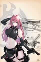 Rule 34 | 1girl, absurdres, benelli m4 super 90, black gloves, black shorts, breasts, elbow gloves, gloves, gun, highres, holding, holding gun, holding weapon, hololive, hololive english, holster, keisuke desu~, large breasts, long hair, looking at viewer, midriff, mori calliope, pink hair, red eyes, short shorts, shorts, shotgun, solo, thigh holster, thigh strap, virtual youtuber, weapon