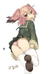 Rule 34 | 1girl, ass, black hair, blush, brown footwear, clothes pull, colored tips, goekawa, green jacket, hair between eyes, highres, jacket, kantai collection, kunashiri (kancolle), long sleeves, looking at viewer, messy hair, multicolored hair, open mouth, panties, pantyhose, pantyhose pull, pink hair, pleated skirt, school uniform, serafuku, shoes, short hair, simple background, skirt, solo, striped clothes, striped panties, two-tone hair, two side up, underwear, white background, white pantyhose