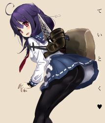 Rule 34 | 10s, 1girl, ahoge, ass, bag, blush, hair tubes, kantai collection, long hair, looking at viewer, low twintails, mushi gyouza, open mouth, pantyhose, purple hair, red eyes, simple background, skirt, smile, solo, taigei (kancolle), twintails