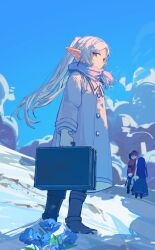 Rule 34 | 1boy, 2girls, absurdres, blue flower, blue sky, boots, briefcase, closed mouth, cloud, cloudy sky, coat, commentary, day, elf, english commentary, fern (sousou no frieren), flower, frieren, full body, green eyes, highres, holding, holding briefcase, kurattes, long hair, long sleeves, looking at viewer, multiple girls, outdoors, pointy ears, scarf, sky, snow, solo focus, sousou no frieren, standing, stark (sousou no frieren), twintails, white coat, white hair, winter, winter clothes, winter coat