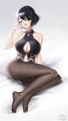 Rule 34 | 1girl, absurdres, artist name, artist request, player character (mabinogi), bad id, bad pixiv id, bare arms, bare shoulders, bed, black hair, black nails, black pantyhose, breasts, character request, cleavage, feet, highres, large breasts, looking at viewer, mabinogi, nail polish, no bra, one eye closed, open mouth, panties, pantyhose, purple eyes, see-through, short hair, simple background, solo, toes, underwear, white background, white hair