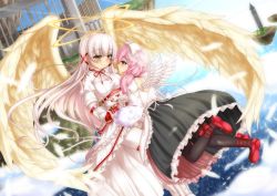 Rule 34 | 10s, 2girls, angel wings, black legwear, bow, double halo, dress, eye contact, feathers, fence, floating, floating island, frilled dress, frills, gloves, hair bow, hair ribbon, halo, highres, holding hands, interlocked fingers, large wings, long hair, looking at another, mary janes, merc storia, michellia, minaha (playjoe2005), mini wings, multiple girls, neck ribbon, pantyhose, pink hair, pistia, red eyes, red gloves, ribbon, shoes, short hair, smile, star (symbol), tower, twintails, very long hair, white hair, white legwear, wings, yellow eyes, yuri