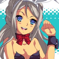 Rule 34 | 1girl, :d, animal ears, avril vent fleur, bare shoulders, blue eyes, bow, bowtie, breasts, cleavage, enoo, fake animal ears, hand up, jaggy lines, leotard, long hair, lowres, oekaki, open mouth, playboy bunny, rabbit ears, red bow, red bowtie, silver hair, smile, solo, teeth, upper body, wild arms, wild arms 5, wrist cuffs