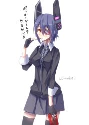 Rule 34 | 10s, 1girl, black thighhighs, blush, breasts, eyepatch, food, gloves, headgear, kantai collection, konkito, medium breasts, necktie, pocky, purple hair, school uniform, short hair, simple background, skirt, solo, sweater, tenryuu (kancolle), thighhighs, twitter username, white background, yellow eyes