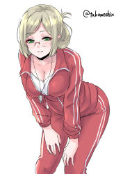 Rule 34 | 1girl, alternate costume, breasts, cleavage, commentary request, feet out of frame, folded ponytail, glasses, green eyes, hands on own thighs, highres, jacket, kantai collection, katori (kancolle), large breasts, leaning forward, looking at viewer, one-hour drawing challenge, pants, parted bangs, parted lips, red jacket, red pants, silver hair, simple background, smile, solo, takomeshi, track jacket, track pants, track suit, undershirt, white background