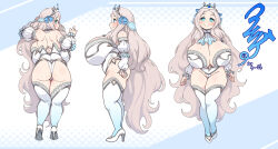 Rule 34 | 1girl, absurdres, ass, bare shoulders, blue eyes, blush, breasts, character sheet, cleavage, commission, curvy, detached sleeves, high heels, highres, huge breasts, konoshige (ryuun), lace, lace-trimmed thighhighs, lace trim, long hair, looking back, multiple views, no pants, original, shortstack, signature, simple background, skeb commission, smile, solo, thick thighs, thighhighs, thighs, tiara, very long hair, white hair, white thighhighs