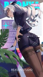 Rule 34 | 1girl, absurdres, black jacket, black pantyhose, black skirt, blazer, breasts, bronya zaychik, bronya zaychik (outstanding attitude) (honkai impact), bronya zaychik (silverwing: n-ex), character name, commentary, cruzvu, drill hair, dutch angle, empty eyes, english text, from behind, from below, grey eyes, grey hair, grey sweater, hand on own hip, highres, honkai (series), honkai impact 3rd, jacket, kneepits, long hair, long sleeves, looking back, miniskirt, no pupils, office lady, official alternate costume, open mouth, pantyhose, ponytail, ribbed sweater, skirt, solo, sweater, symbol-only commentary, thighband pantyhose, triangle mouth, twin drills