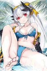 Rule 34 | 1girl, bare shoulders, barefoot, bikini, blue bikini, blush, breasts, cleavage, closed mouth, collarbone, commentary request, dragon girl, dragon horns, fate/grand order, fate (series), feet, hair ornament, highres, horns, kiyohime (fate), large breasts, long hair, long sleeves, looking at viewer, morizono shiki, navel, off shoulder, ponytail, red eyes, sitting, smile, solo, stomach, swimsuit, thighs, toes, water, wet, white hair