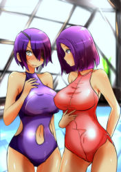 Rule 34 | 10s, 2girls, blush, breasts, casual one-piece swimsuit, clothing cutout, cowboy shot, embarrassed, eyepatch, hair over one eye, highres, indoors, kantai collection, large breasts, looking at another, medium breasts, multiple girls, navel cutout, norman maggot, one-piece swimsuit, pool, purple eyes, purple hair, purple one-piece swimsuit, red one-piece swimsuit, rei no pool, short hair, standing, swimsuit, tatsuta (kancolle), tenryuu (kancolle), thigh gap, yellow eyes