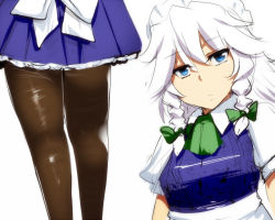 Rule 34 | 1girl, bad id, bad pixiv id, blue eyes, bow, brown pantyhose, green bow, hyudora, izayoi sakuya, kneepits, legs, long hair, looking at viewer, maid, maid headdress, multiple views, out of frame, pantyhose, short braid, short sleeves, simple background, sketch, skirt, thighs, touhou, white hair
