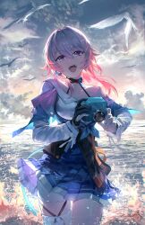 Rule 34 | 1girl, absurdres, archery shooting glove, bird, black choker, blue skirt, camera, choker, cloud, gloves, gradient eyes, highres, holding, holding camera, honkai: star rail, honkai (series), jacket, march 7th (honkai: star rail), meltyrice, multicolored eyes, open mouth, outdoors, partially fingerless gloves, partially submerged, pink hair, pleated skirt, skirt, sky, splashing, tied jacket, two-tone eyes, water