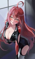Rule 34 | 1girl, absurdres, ahoge, black bodysuit, blush, bodysuit, breasts, character request, cleavage, collarbone, copyright request, curtains, highres, hip vent, large breasts, long hair, looking at viewer, mole, mole under eye, parted lips, red hair, smile, sogogy, solo, virtual youtuber, window, yellow eyes