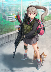Rule 34 | 1girl, adidas, ahoge, ak-74, ak-74m, assault rifle, bad id, bad pixiv id, bag, blazer, building, cat, cellphone, cellphone charm, chain-link fence, charm (object), church, city, day, duffel bag, fence, gloves, gun, gun sling, hand up, headset, jacket, kalashnikov rifle, knee pads, kws, light brown hair, long hair, looking to the side, military, muzzle device, necktie, original, phone, pleated skirt, ponytail, red eyes, rifle, rooftop, school uniform, shadow, shoes, skirt, sky, sneakers, solo, tree, watermark, weapon, wind