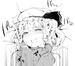 Rule 34 | 1girl, blush, bow, drooling, flandre scarlet, greyscale, hat, hat bow, heart, looking at viewer, mob cap, monochrome, nose blush, open mouth, saliva, saryuu (iriomote), short hair, smile, solo focus, strangling, sweat, tears, touhou, upper body