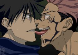 Rule 34 | 2boys, black hair, blue eyes, derivative work, extra eyes, facial tattoo, fake screenshot, fushiguro megumi, heuwell cheese, highres, jujutsu kaisen, licking, licking another&#039;s face, looking at another, male focus, multiple boys, pink hair, red eyes, ryoumen sukuna (jujutsu kaisen), screenshot redraw, short hair, smirk, spiked hair, sweatdrop, tattoo, teeth, tongue, tongue out, yaoi