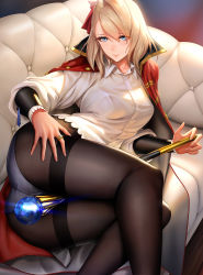 Rule 34 | ass, between legs, black pantyhose, blonde hair, blue eyes, character request, collared shirt, commentary request, couch, crotch seam, hand on own ass, highres, jacket, jacket on shoulders, jewelry, looking at viewer, lying, obaoba (monkeyix), on side, panties, panties under pantyhose, pantyhose, ring, scepter, seijo senki, shirt, solo, underwear, white shirt