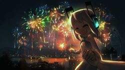 Rule 34 | 1girl, :d, ^ ^, bare arms, bare shoulders, blonde hair, braid, cable, cityscape, closed eyes, commentary, digitan (porforever), electric plug, english commentary, facing viewer, fang, fireworks, headphones, highres, holding hands, lightning bolt symbol, long hair, night, open mouth, original, outdoors, porforever, pov, pov hands, power symbol, smile, solo focus, tail