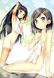 Rule 34 | 10s, 2girls, absurdres, age difference, areola slip, armpits, arms up, bare legs, black hair, blue background, blue eyes, blush, breasts, covering privates, dutch angle, female focus, flat chest, from side, gradient background, green background, hentai ouji to warawanai neko., highres, kantoku, legs together, long hair, looking at viewer, multiple girls, navel, nude, nude cover, official art, onsen, parted lips, ponytail, same-sex bathing, see-through, shared bathing, short hair, shorts tan, siblings, sisters, sitting, smile, standing, surprised, swept bangs, tan, tanline, thighs, topless, towel, tsutsukakushi tsukiko, tsutsukakushi tsukushi, v-shaped eyebrows, very long hair, wading, water, wet, wet hair, wide-eyed