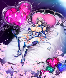 Rule 34 | 1futa, absurdres, bare shoulders, bed, breasts, breasts out, bulge, chain, cherry blossoms, condom, cum, ejaculation under clothes, erection, erection under clothes, falling petals, futanari, gem, heart, heart-shaped pillow, highres, jewelry, knees up, kuroda tomoe, large breasts, lilith-soft, linea alba, long hair, lying, nipples, on back, on bed, petals, pillow, puffy areolae, smile, solo, taimanin (series), taimanin rpgx, tana (garyuh-chitai), torn clothes, used condom