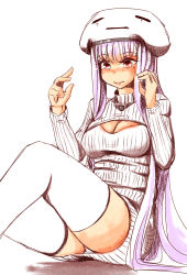 Rule 34 | 1girl, at2., blunt bangs, breasts, cleavage, cleavage cutout, clothing cutout, cowboy shot, ghast, hat, highres, light purple hair, long hair, long sleeves, meme attire, minecraft, open-chest sweater, panties, pantyshot, personification, red eyes, ribbed sweater, simple background, sitting, sketch, solo, sweater, thighhighs, tsurime, turtleneck, underwear, very long hair, white background, white thighhighs