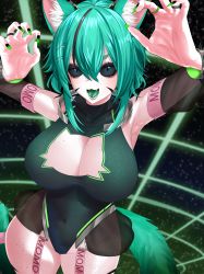 Rule 34 | 1girl, absurdres, animal ears, black eyes, black sclera, breasts, cat cutout, cat ears, cat girl, cat tail, character name, cleavage, clothing cutout, colored sclera, colored tongue, freckles, green hair, green nails, green tongue, highres, huug, indie virtual youtuber, large breasts, leotard, momo (vtuber), nail polish, open mouth, second-party source, solo, star (symbol), starry background, tail, virtual youtuber